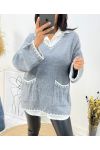 PULLOVER SURPIQURE POCHES COL V AH523 GRIS