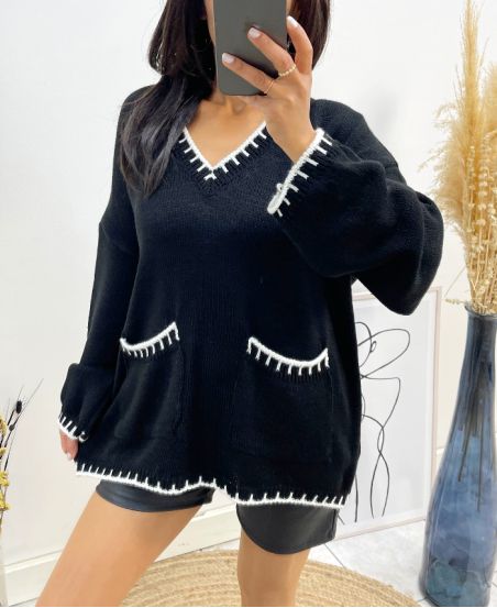 V-AUSSCHNITTTASCHE ABGESTEPPTER PULLOVER AH523 SCHWARZ