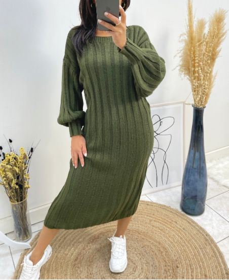 KNIT DRESS WITH PUFF SLEEVES AW510 KAKI