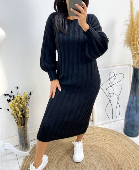 PUFF SLEEVE KNIT DRESS FH510 BLACK