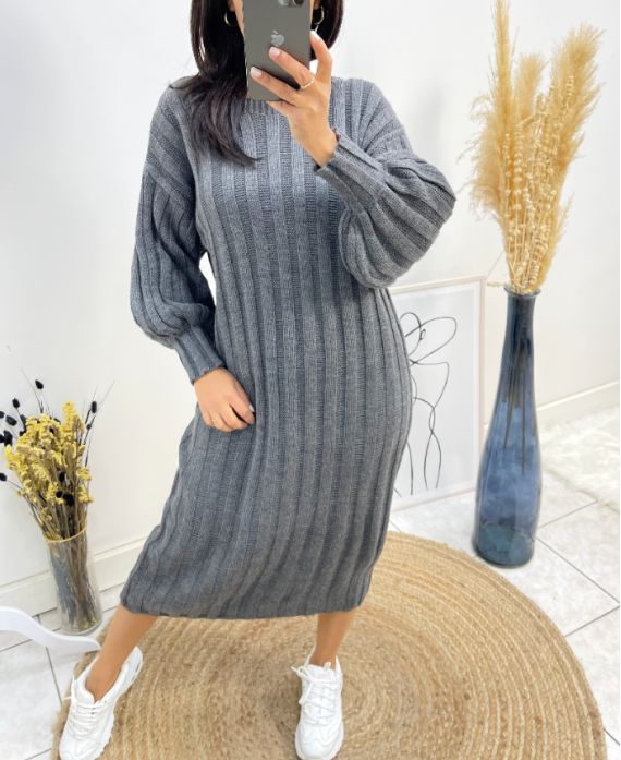 PUFF SLEEVE KNIT DRESS AW510 GREY