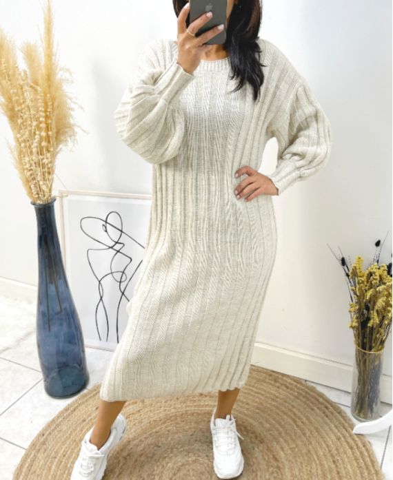 PUFF SLEEVE KNIT DRESS AW510 BEIGE