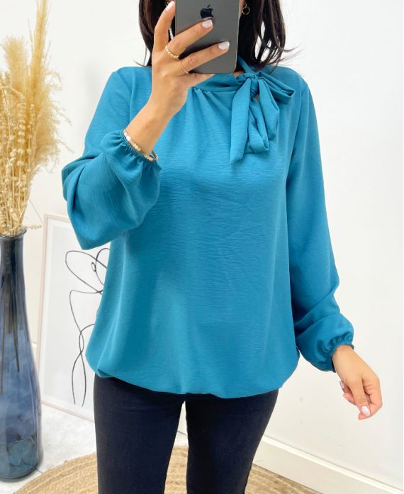 BLUSA CON CUELLO CORBATA AW531 AZUL PETRÓLEO