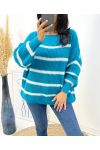 MAXI PULLOVER DOUX RAYE AH191 BLEU PETROLE