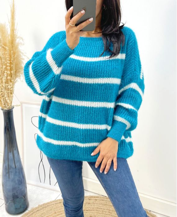 MAXI PULLOVER DOUX RAYE AH191 BLEU PETROLE