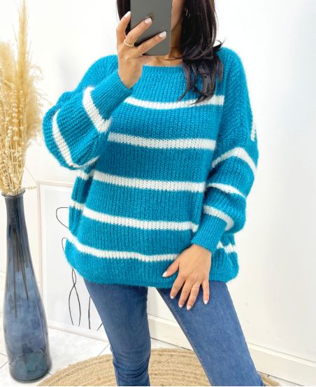 MAXI PULLOVER DOUX RAYE AH191 BLEU PETROLE