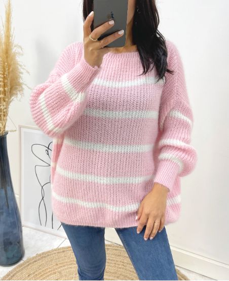 MAXI MORBIDO MAGLIONE A RIGHE AW191 ROSA