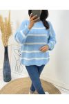 MAXI PULLOVER DOUX RAYE AH191 BLEU CIEL