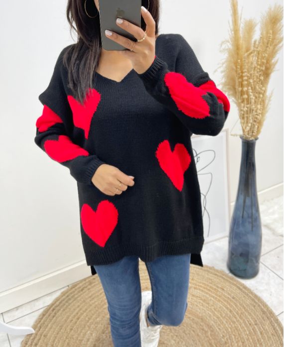 MAGLIONE CUORE AW397 NERO/ROSSO