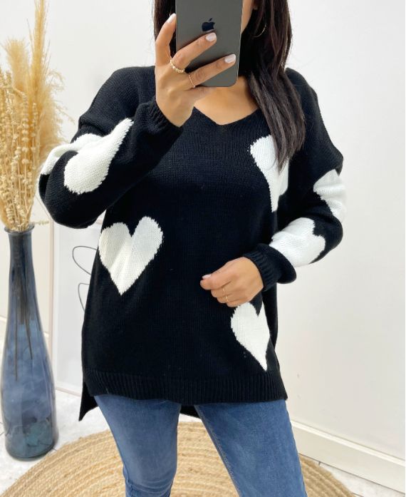 PULLOVER COEUR AH397 NOIR/BLANC