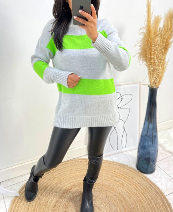 STRIPED SWEATER AH418 GREY-GREEN LEMON