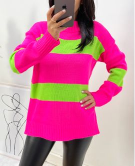 GESTREIFTER PULLOVER AW418 NEON PINK-ZITRONENGRÜN