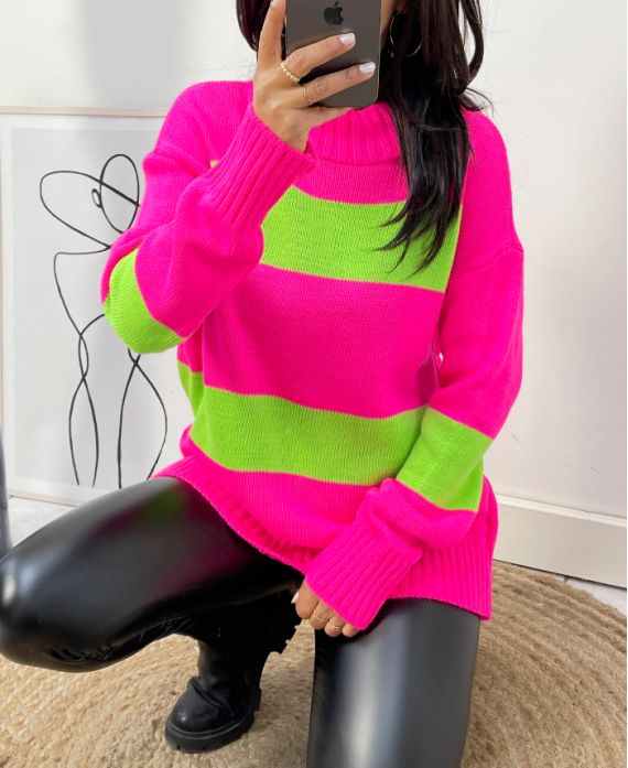 MAGLIONE A RIGHE AW418 ROSA FLUO-VERDE LIMONE