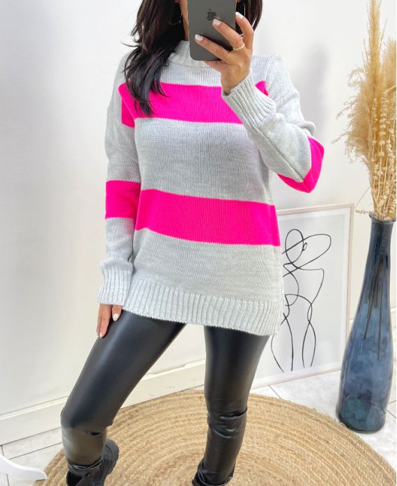 STRIPED SWEATER AH418 NEON GREY-PINK