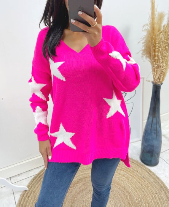 SWETER W GWIAZDKI AH405 FUSHIA