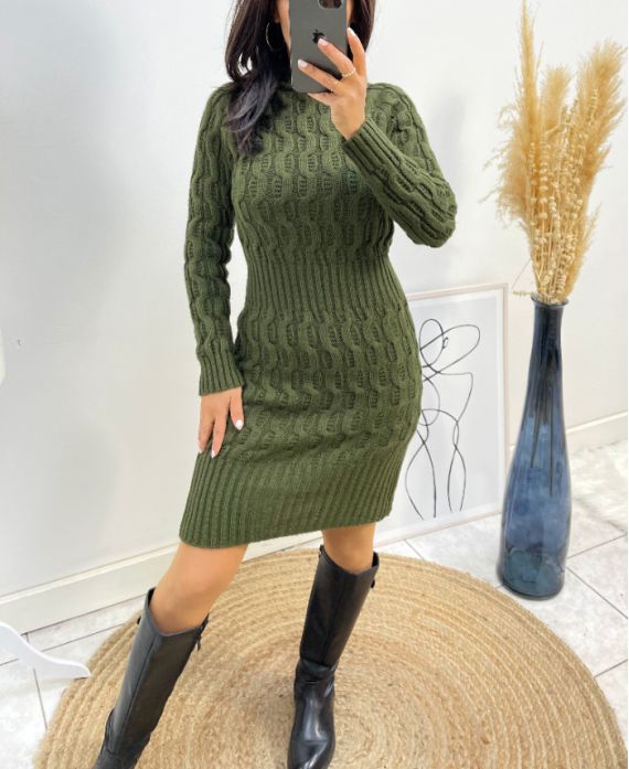 AW549 KHAKI CABLE KNIT DRESS