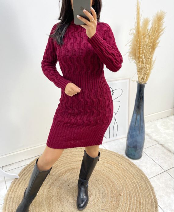 AW549 BURGUNDY CABLE KNIT DRESS