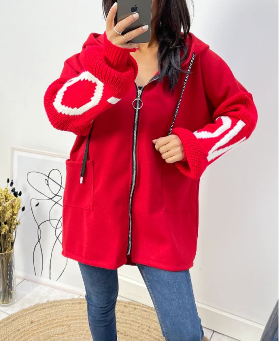 VESTE A CAPUCHE BI-MATIERE LOVE AH578 ROUGE