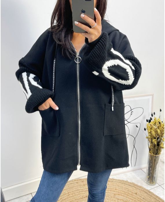 BI-MATERIAL HOODED JACKET LOVE AH578 BLACK