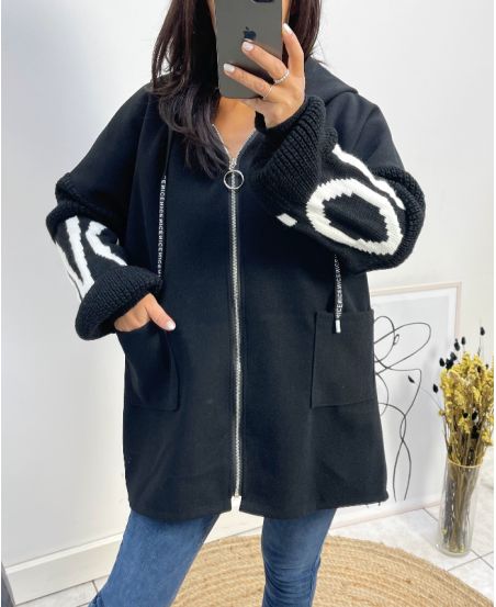 BI-MATERIAL HOODED JACKET LOVE AH578 BLACK