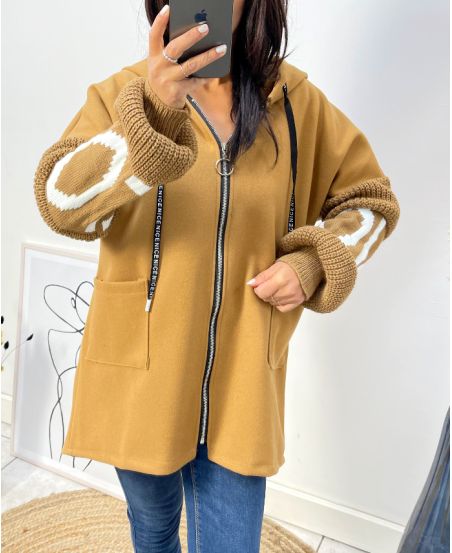 BI-MATERIAL HOODED JACKET LOVE AH578 CAMEL