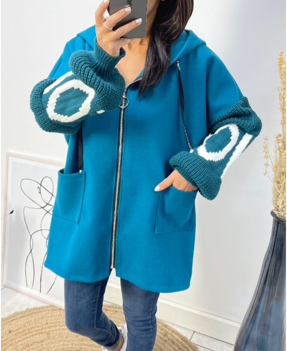 LOVE BI-MATERIAL HOODED JACKET AW578 PETROL BLUE