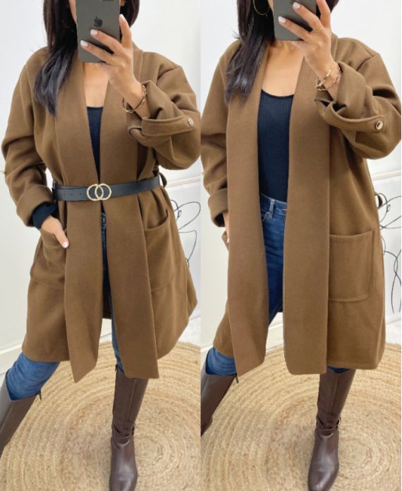 MANTEAU + CEINTURE OFFERTE AH588 CHOCOLAT