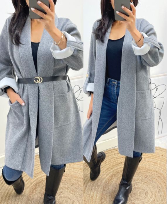 MANTEAU + CEINTURE OFFERTE AH588 GRIS