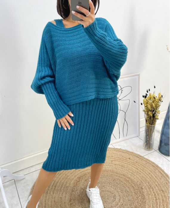 DRESS + MATCHING SWEATER SET AW600 PETROL BLUE