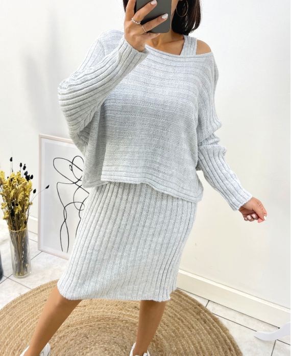 ENSEMBLE ROBE + PULLOVER ASSORTI AH600 GRIS CLAIR