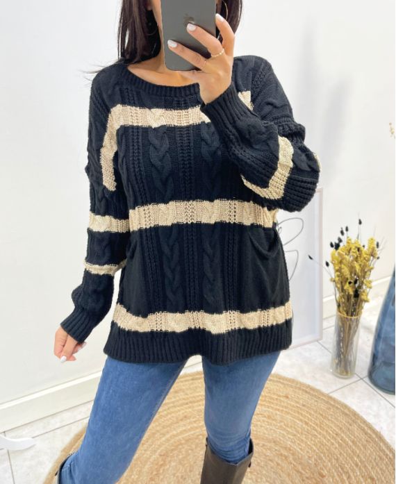 PULLOVER TORSADE LUREX 2 POCHES AH618 NOIR