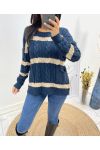 PULLOVER TORSADE LUREX 2 POCHES AH618 BLEU MARINE