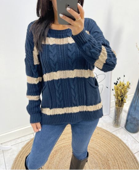 PULLOVER TORSADE LUREX 2 POCHES AH618 BLEU MARINE