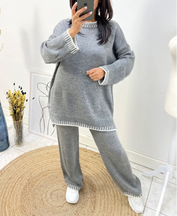 ENSEMBLE SURPIQURE OVERSIZE PULLOVER + PANTALON MAILLE AH687 GRIS