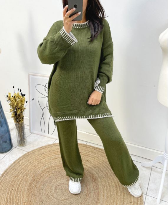 CONJUNTO JERSEY PESPUNTE OVERSIZE + PANTALÓN DE PUNTO AW687 VERDE