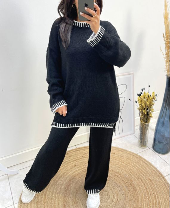 ENSEMBLE SURPIQURE OVERSIZE PULLOVER + PANTALON MAILLE AH687 NOIR