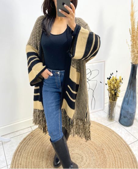 FRINGED PONCHO AH591 CAMEL/BLACK