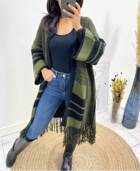 FRINGED FRINGE PONCHO AW591 GREEN