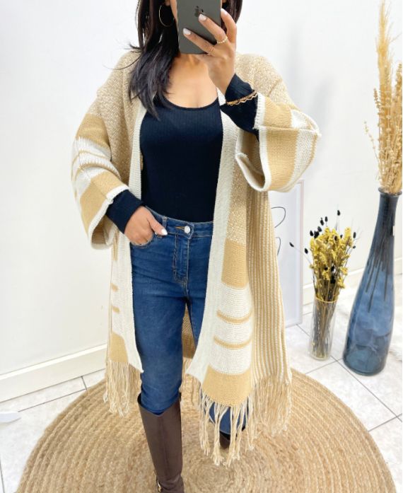 "COUP DE COEUR" FRINGED PONCHO AH591 BEIGE/ECRU