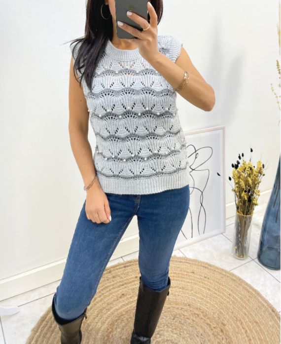 PEARL OPENWORK SLEEVELESS SWEATER AH645 GREY