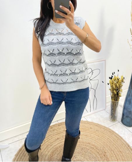 PEARL OPENWORK SLEEVELESS SWEATER AH645 GREY