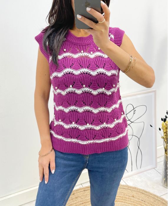 PERLEN-DURCHBROCHENER ÄRMELLOSER PULLOVER AH645 PLUM