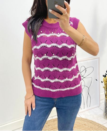 PEARL OPENWORK SLEEVELESS SWEATER AH645 PLUM