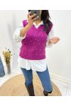 SLEEVELESS PEARL V-NECK SWEATER AH643 PLUM