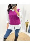 SLEEVELESS PEARL V-NECK SWEATER AH643 PLUM