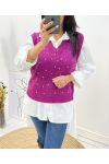 SLEEVELESS PEARL V-NECK SWEATER AH643 PLUM