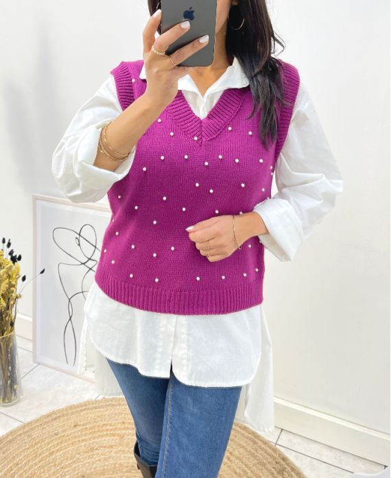 SLEEVELESS PEARL V-NECK SWEATER AH643 PLUM