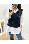 SLEEVELESS PEARL V-NECK SWEATER AH643 BLACK