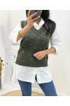 SLEEVELESS PEARL V-NECK SWEATER GREEN AH643