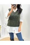 SLEEVELESS PEARL V-NECK SWEATER GREEN AH643